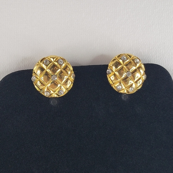 CHANEL Quilted Rhinestone Gold Tone Earrings - Picture 6 of 12